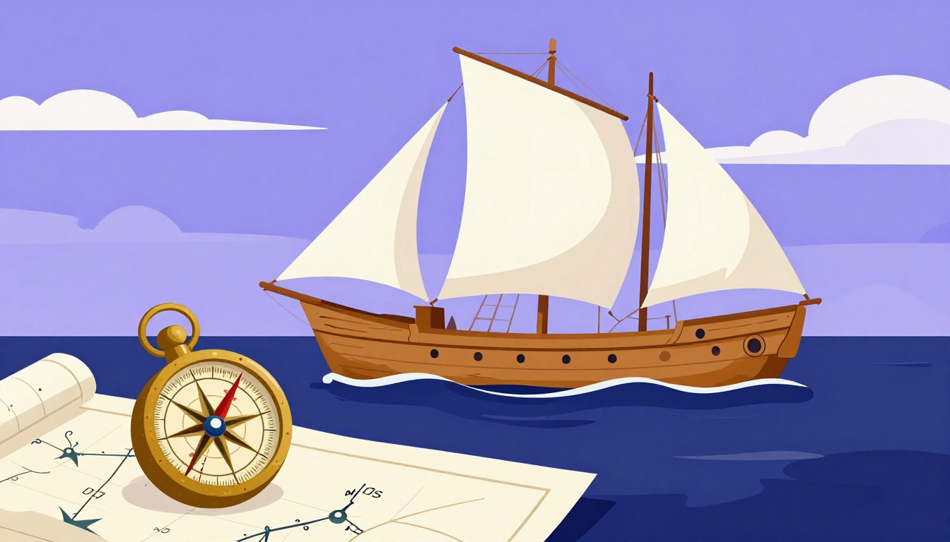 Illustration of a sailing ship and compass evoking the Portuguese Age of Discovery