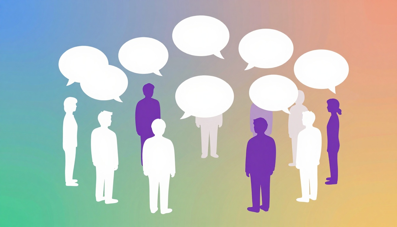Illustration of people talking with empty speech bubbles evoking global Portuguese speaking communities