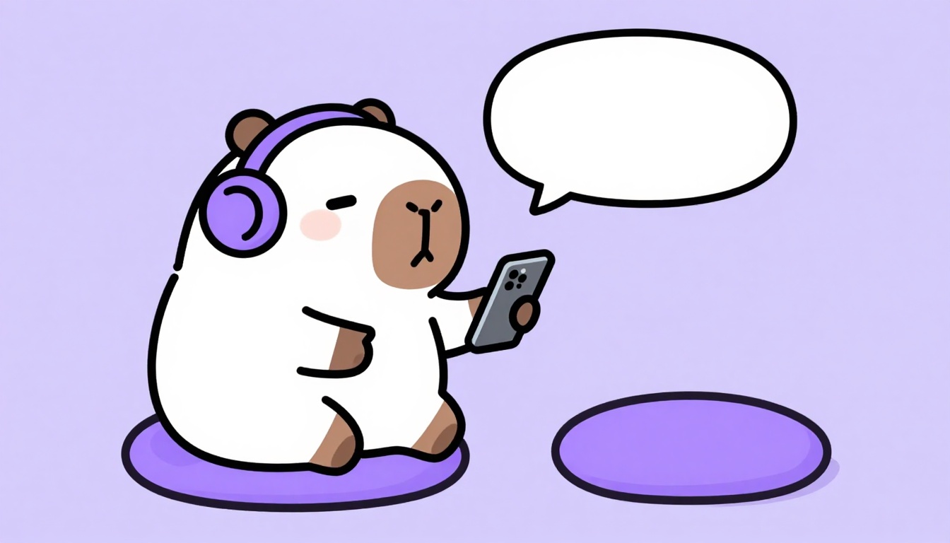 Illustration of Capy the capybara wearing headphones and speaking into a phone during a Portuguese conversation practice session
