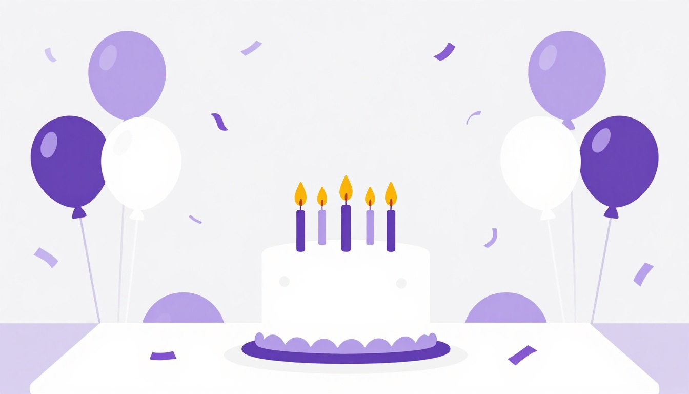 bolo de aniversário com velas acesas, balões e confete