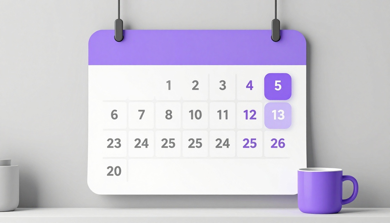 A paper wall calendar with several Monday squares circled in purple ink, next to a coffee mug