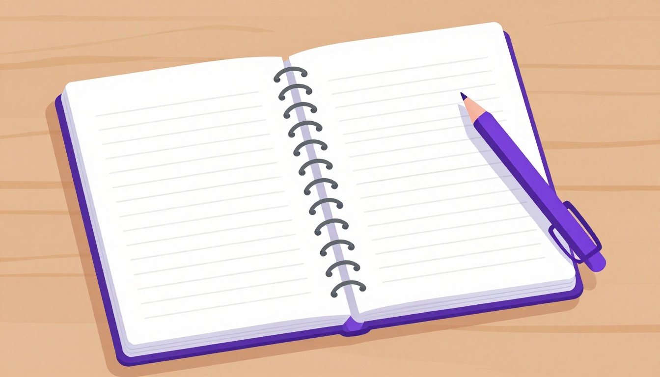 A spiral planner notebook open on a wooden desk with a purple pen resting across the blank page