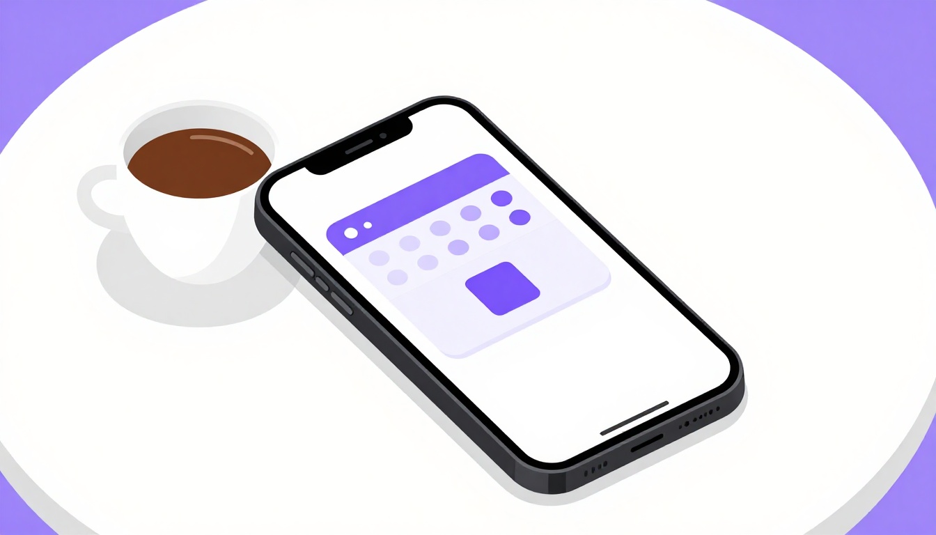 A smartphone with a purple calendar icon on screen, resting on a cafe table next to a small espresso cup