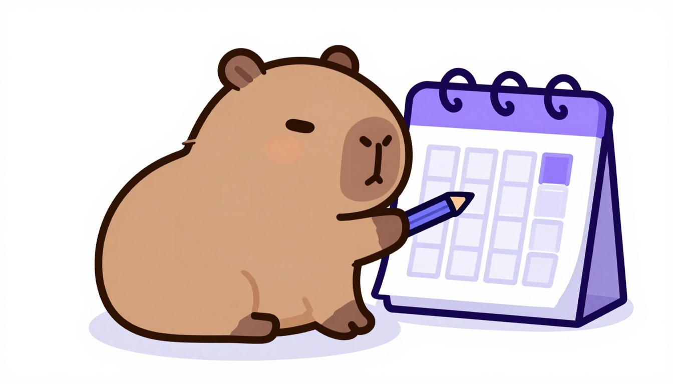 Capy the capybara checking off a square on a small desk calendar with a pencil