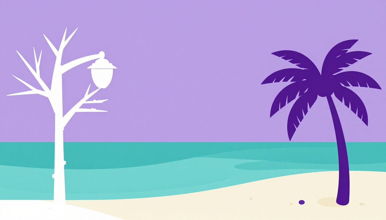 A split scene with a frost covered European street lamp on one side and a sunlit tropical beach with palm trees on the other