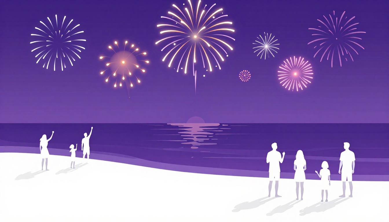A crowded beach at night lit by fireworks reflecting off the dark ocean water