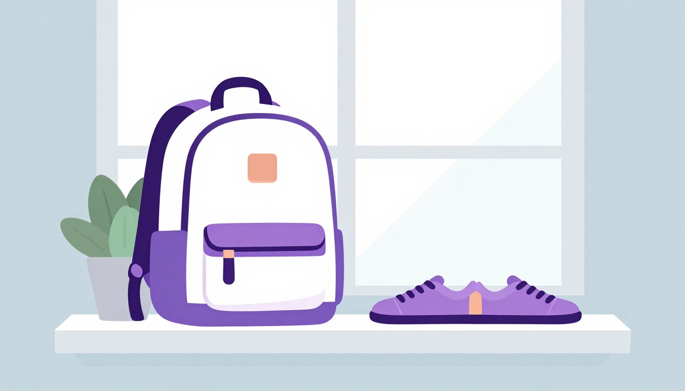 A school backpack and a pair of worn sneakers set aside near a sunny window, as if put away for the season