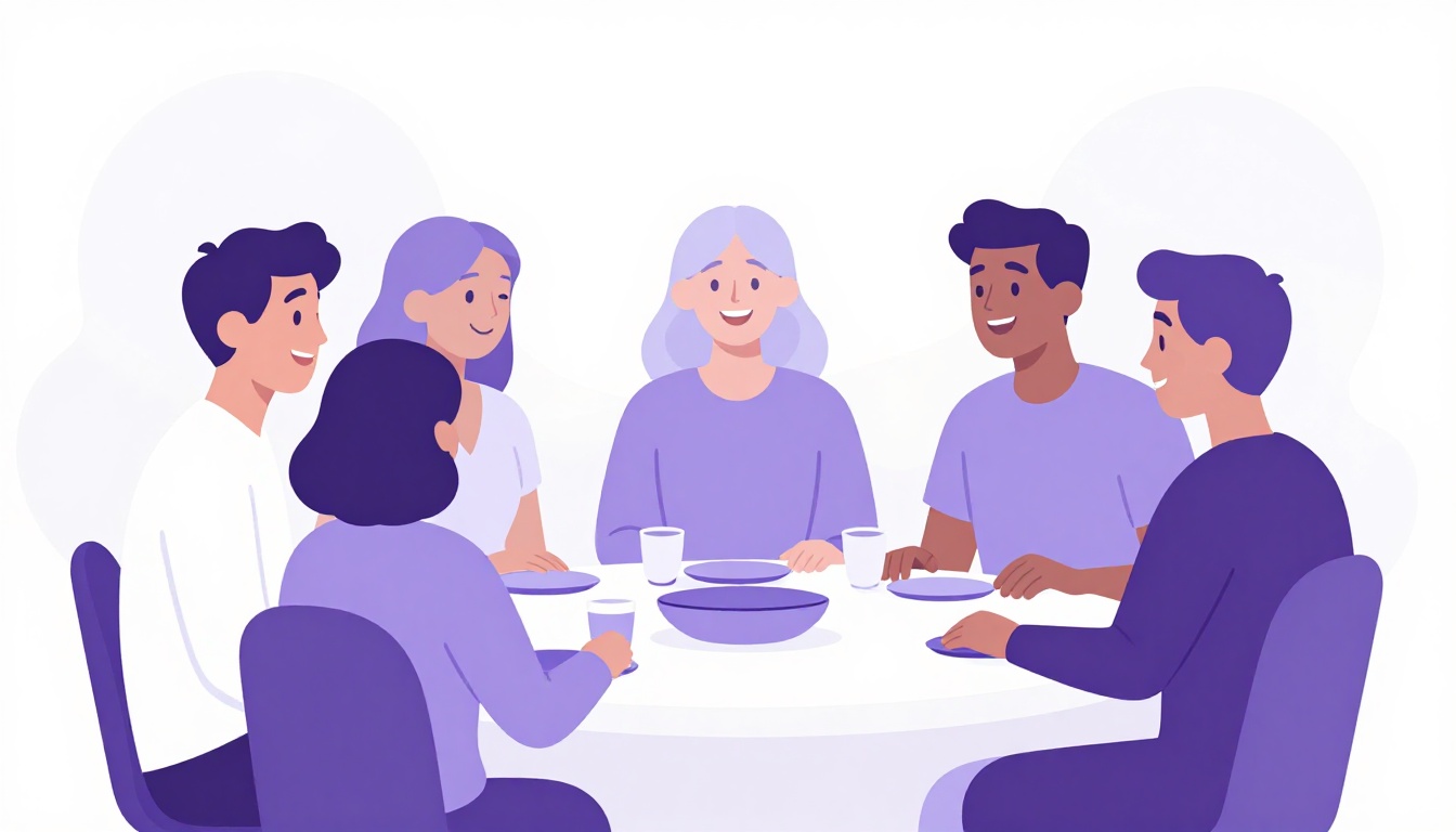Amigos rindo em volta de uma mesa depois de um jantar em casa