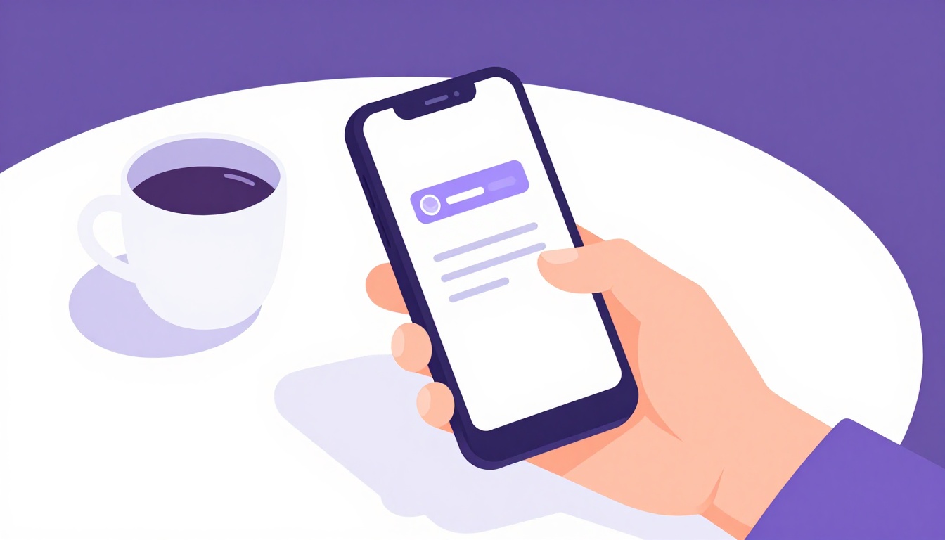 Mão segurando um celular em uma mesa de café, digitando uma mensagem de texto