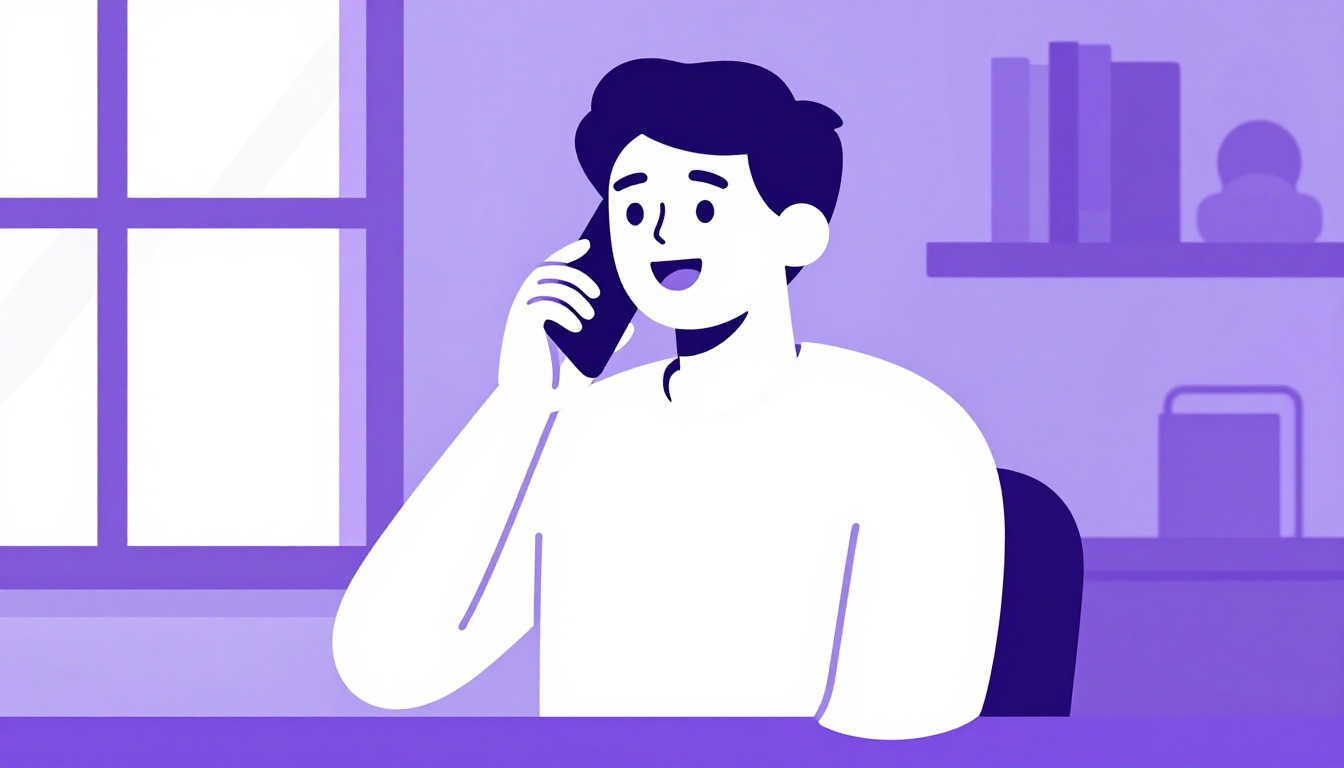 Pessoa sorrindo enquanto fala ao celular do lado de fora, praticando inglês em voz alta