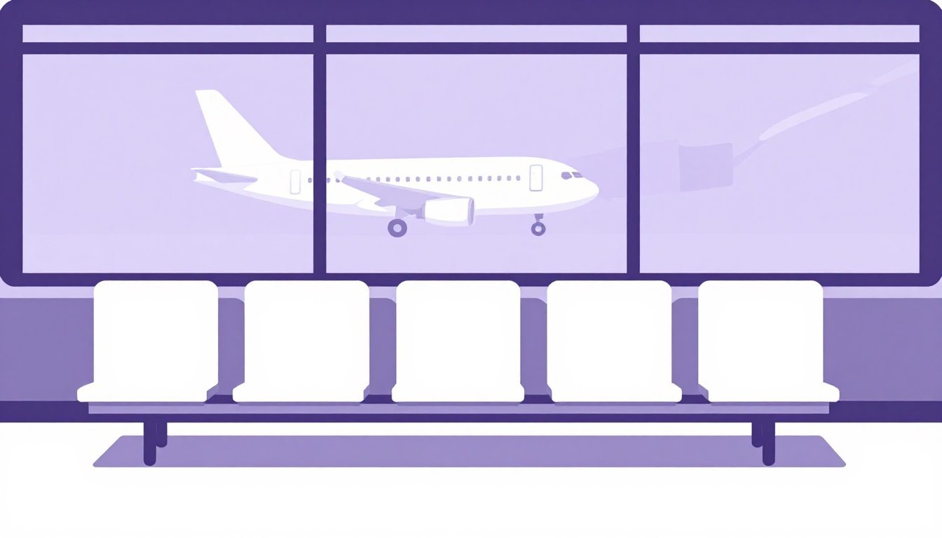 Portão de embarque de aeroporto representando um diálogo em inglês entre duas pessoas viajando