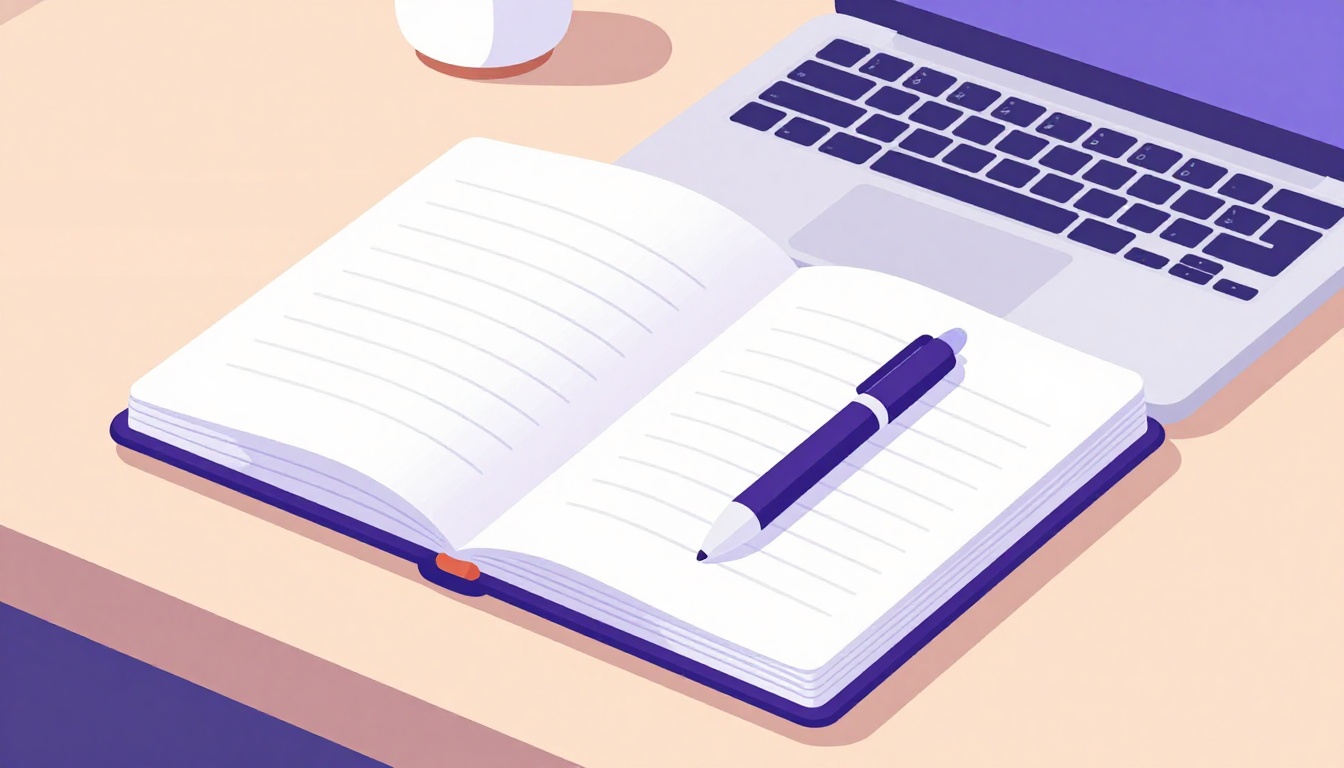 Caderno aberto e caneta representando como escrever um diálogo em inglês entre duas pessoas