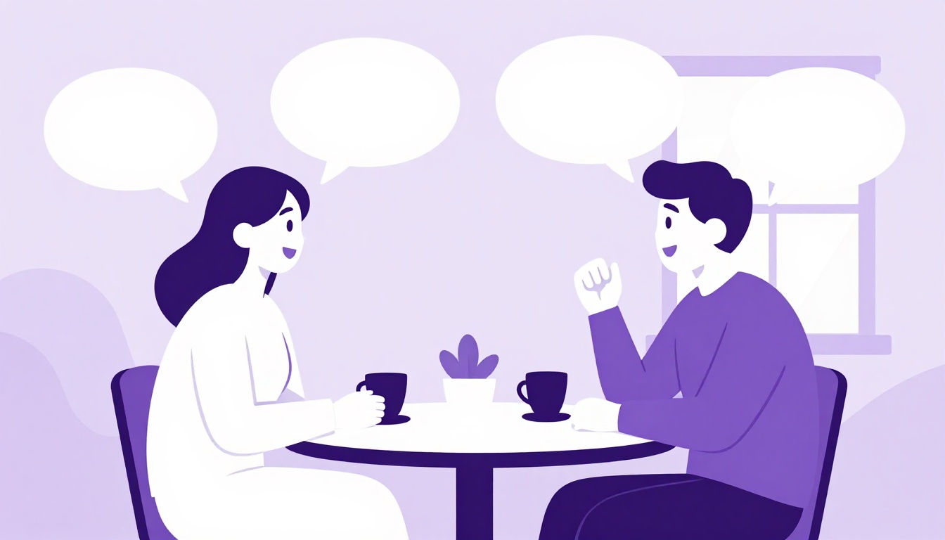 Dos amigos charlando en una mesa de cafetería mientras practican un diálogo en inglés de 2 personas