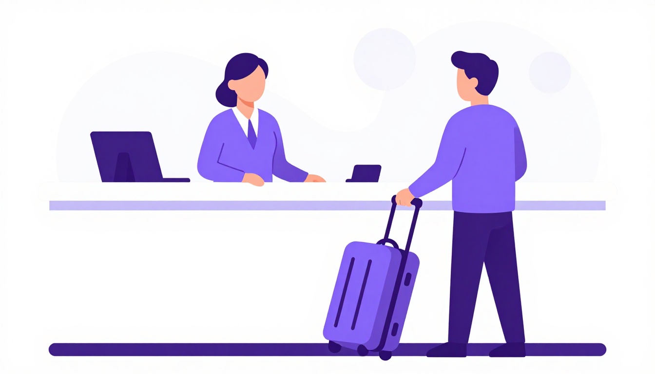 Recepción de un hotel con recepcionista y viajero con maleta en un diálogo en inglés de dos personas