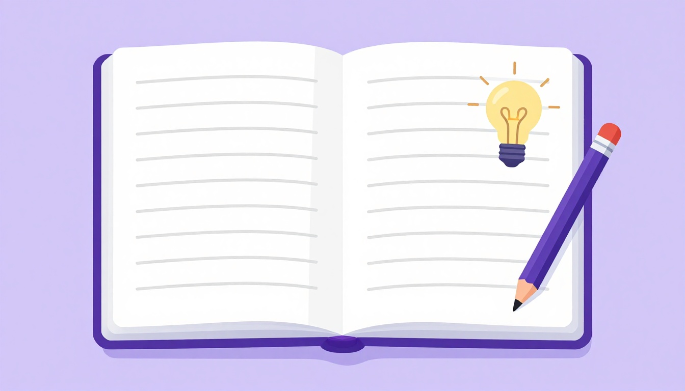 Cuaderno abierto con un lápiz y una bombilla, ideas para escribir un diálogo en inglés de dos personas