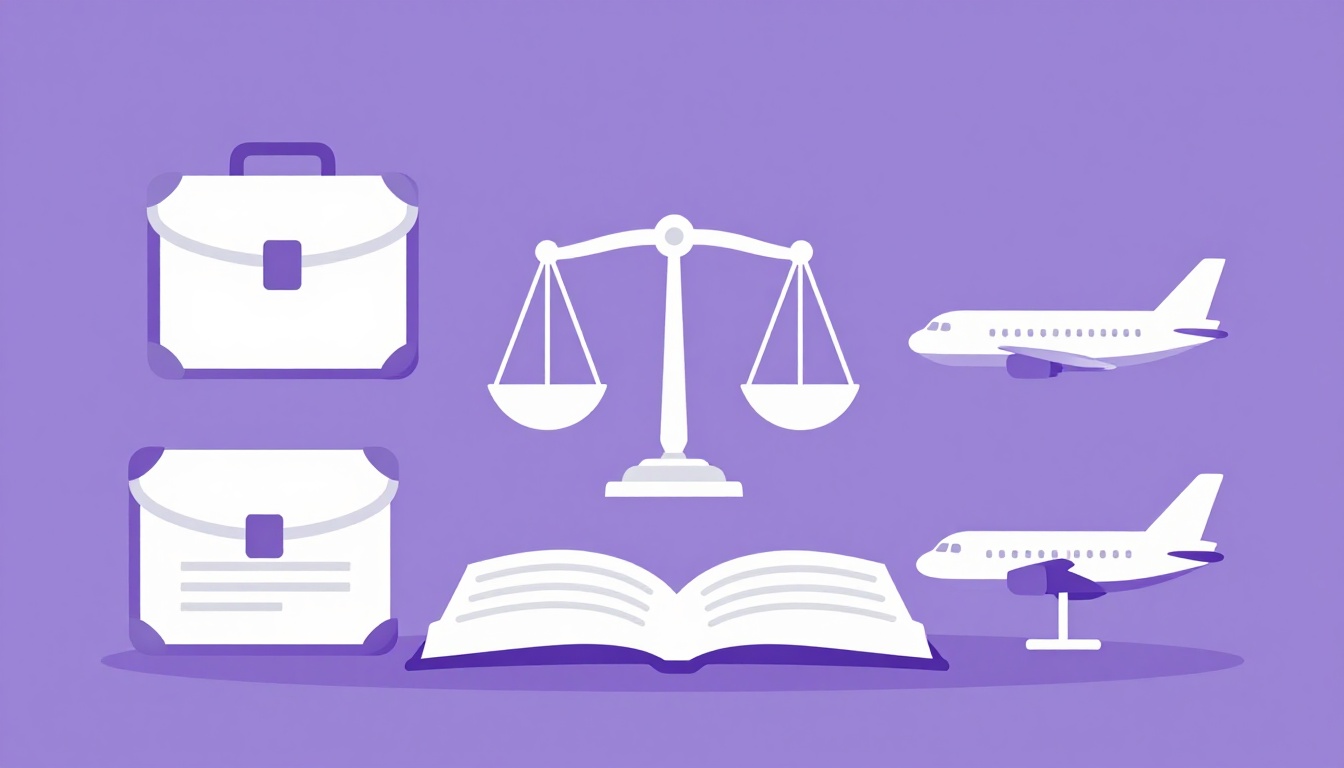 Uma pasta executiva, uma balança da justiça e um avião ao lado de um livro aberto