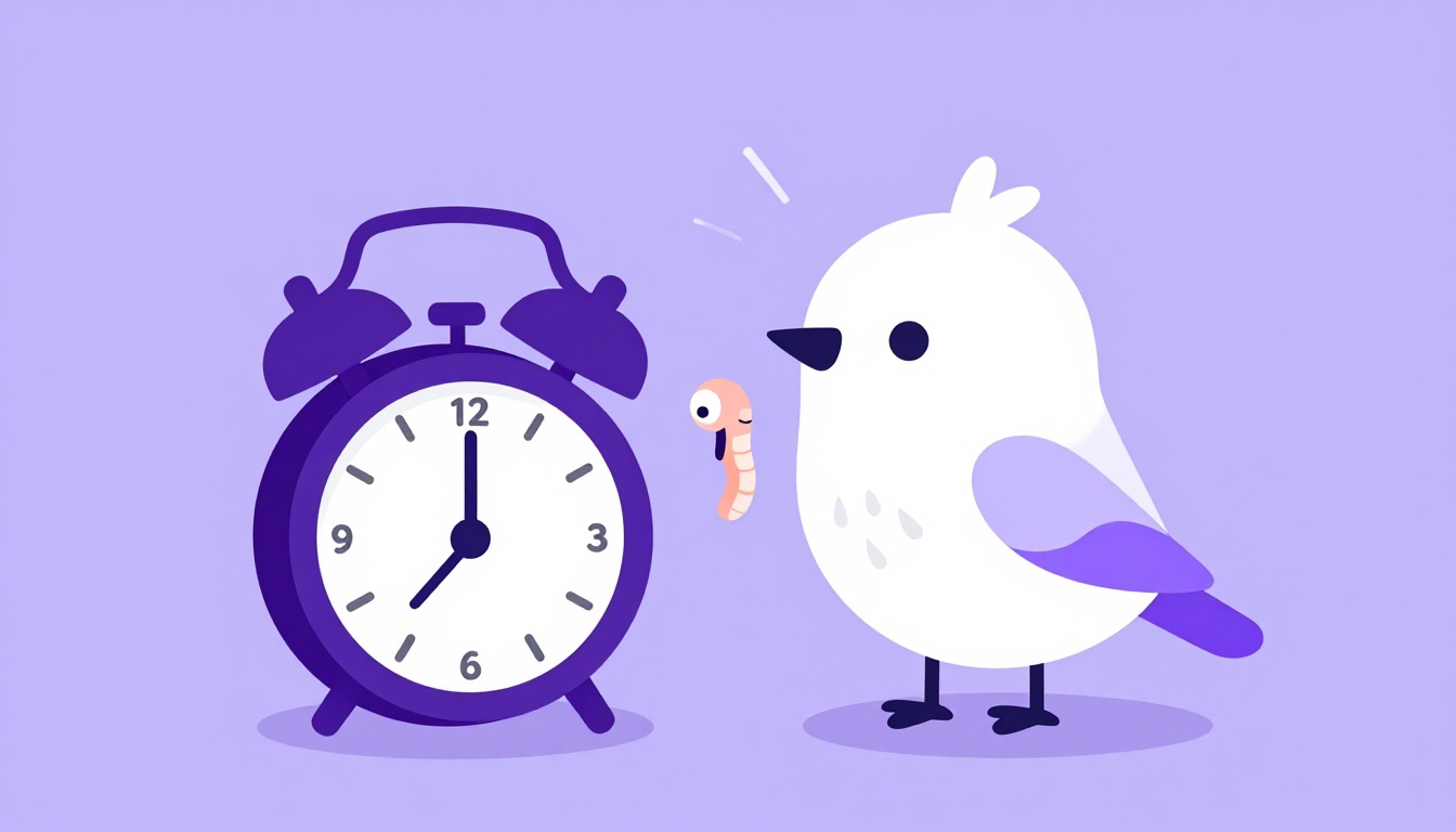 Passarinho encontrando uma minhoca ao lado de um despertador ao amanhecer, ilustrando o ditado the early bird catches the worm