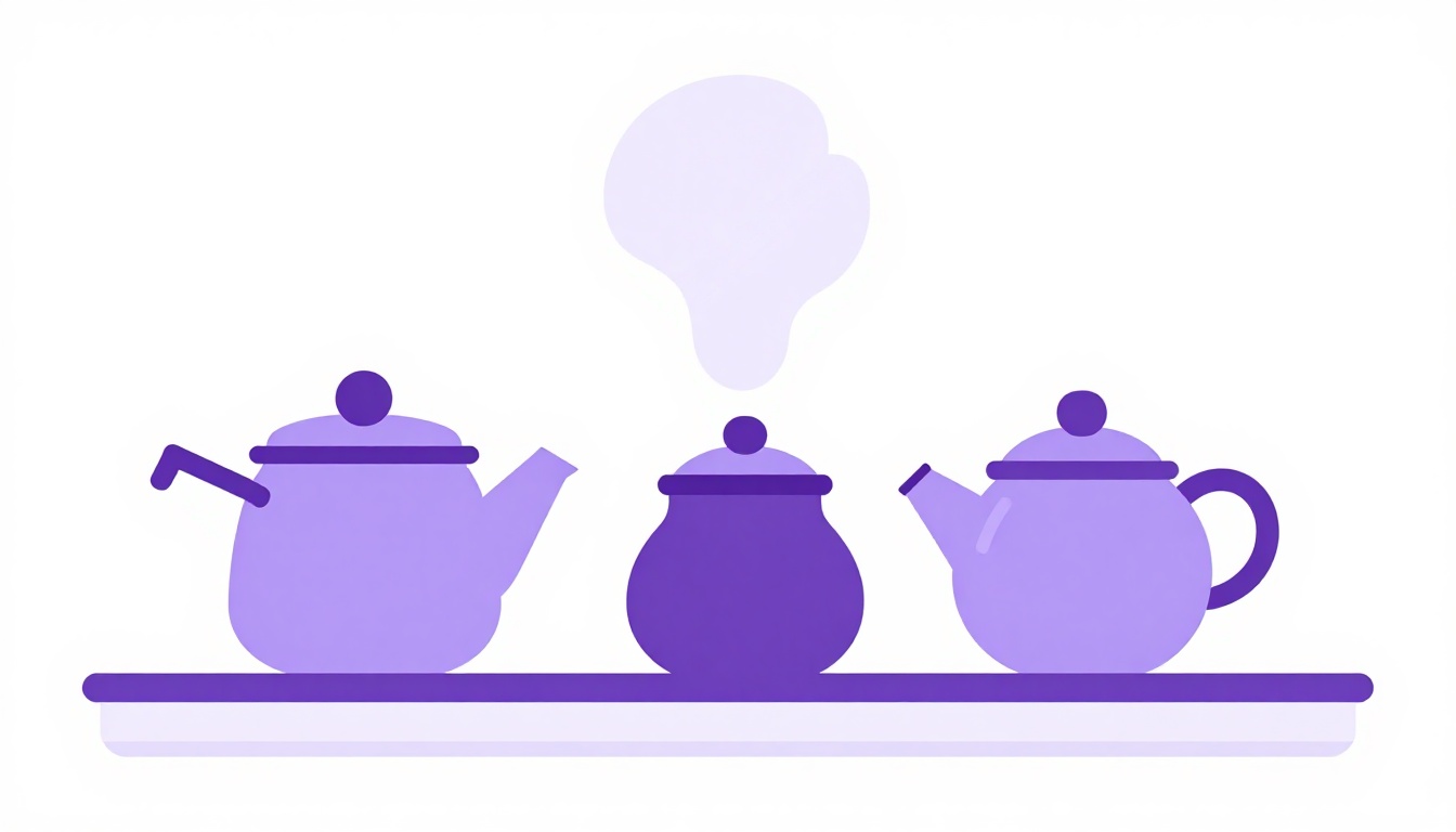 Bules e panela numa prateleira de cozinha com vapor subindo, ilustrando o ditado a watched pot never boils sobre paciencia