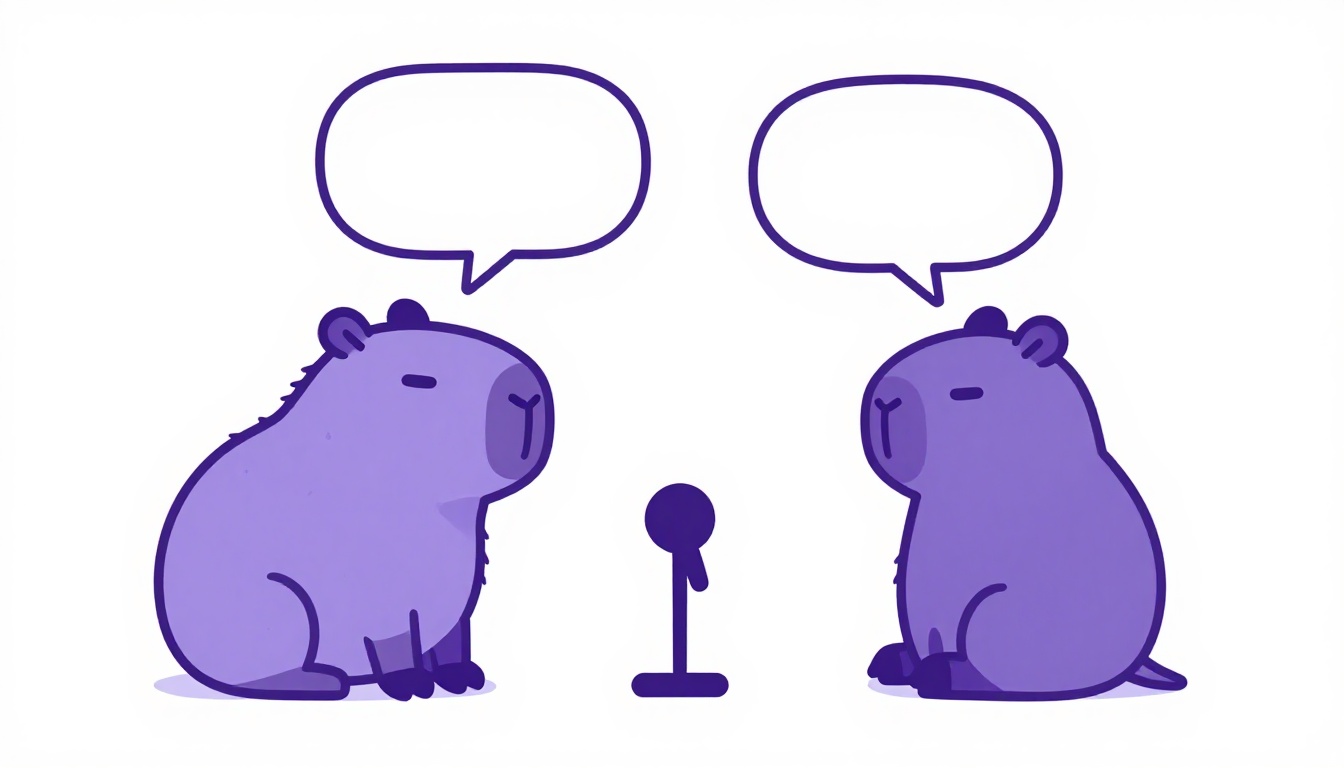 Duas capivaras conversando com balões de fala e um microfone entre elas, representando a pratica de falar ditados em voz alta