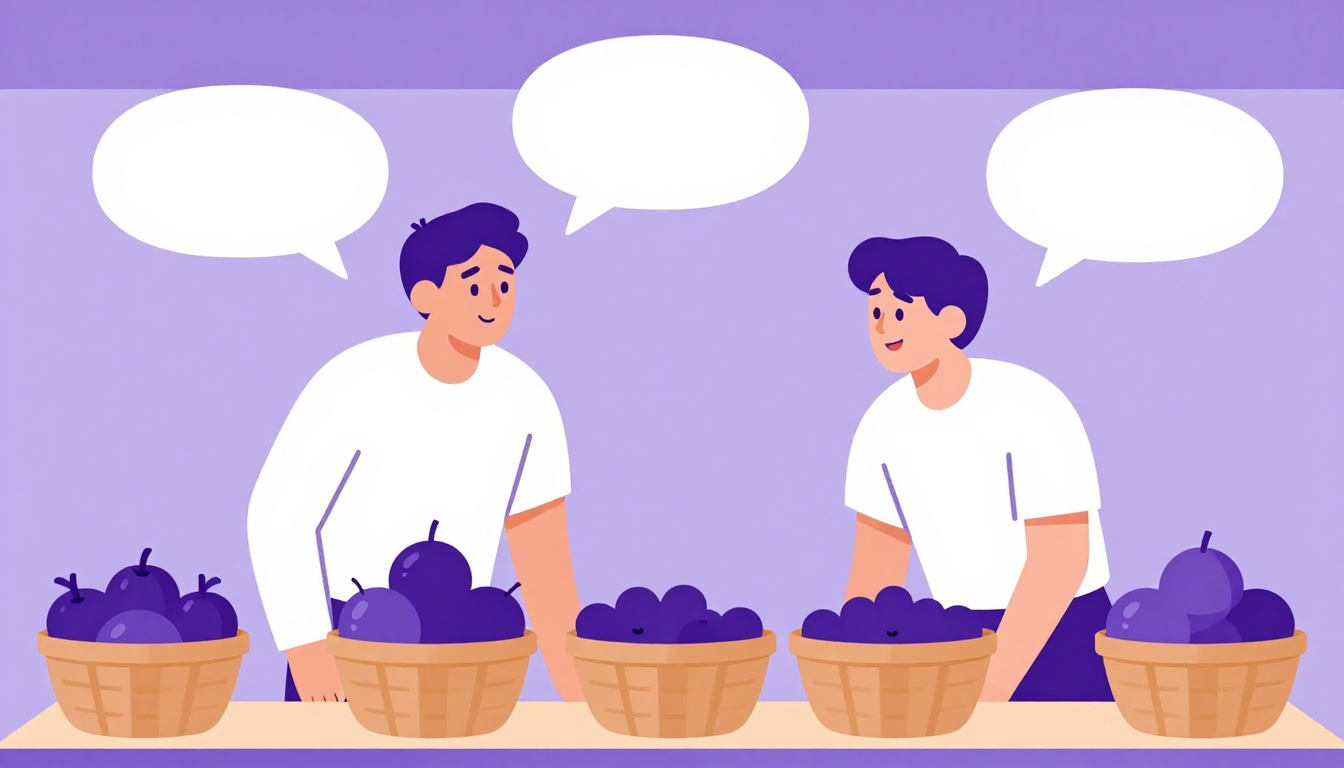 Two people talking at an outdoor market stall, one leaning in with a curious expression