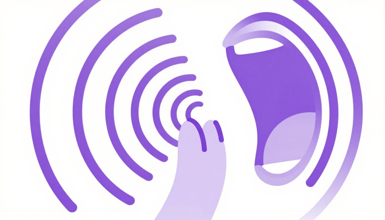A close-up illustration of a mouth mid-word with visible sound waves radiating outward