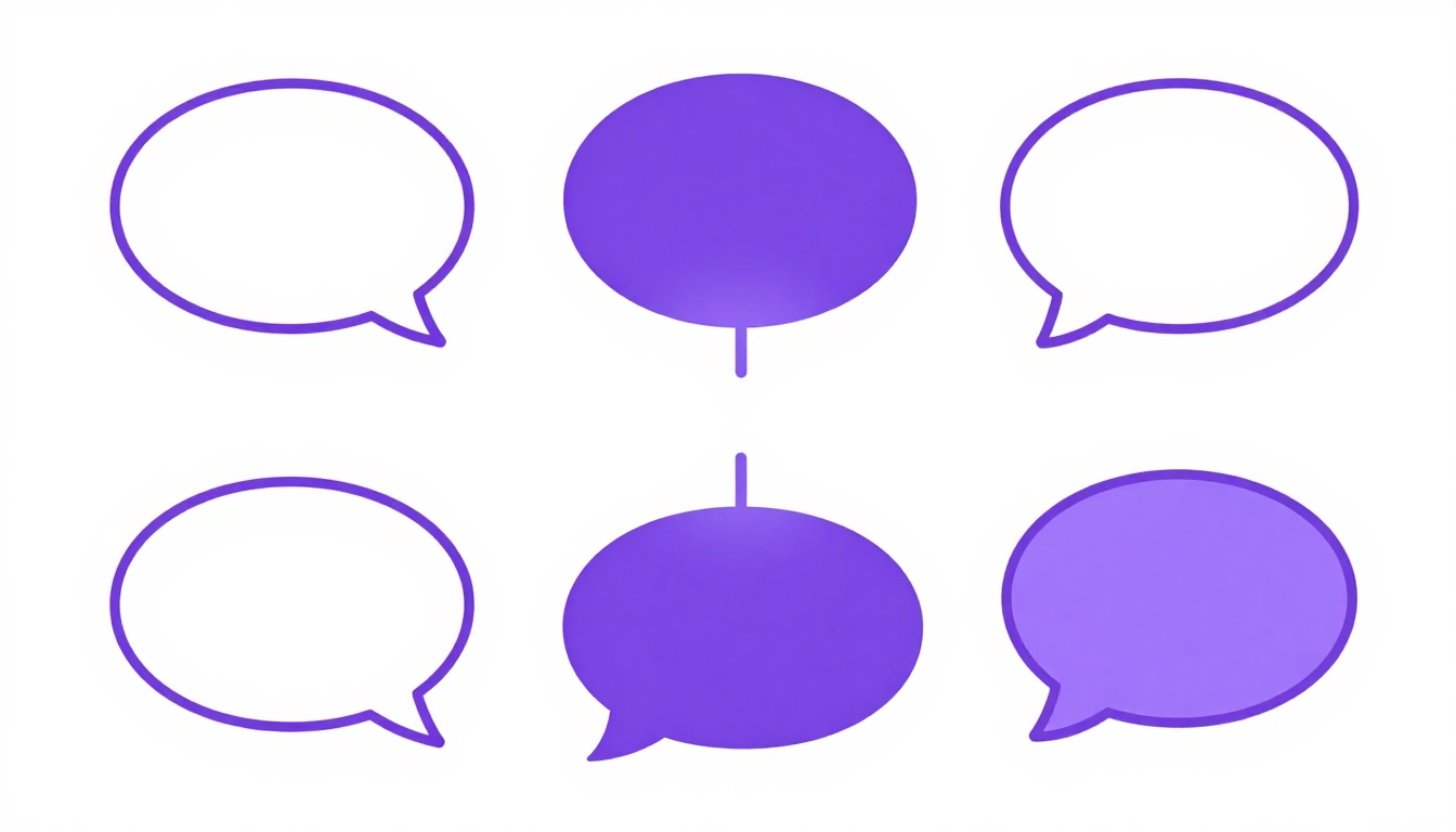 Six speech bubbles arranged around one glowing central bubble, representing one verb taking six different forms