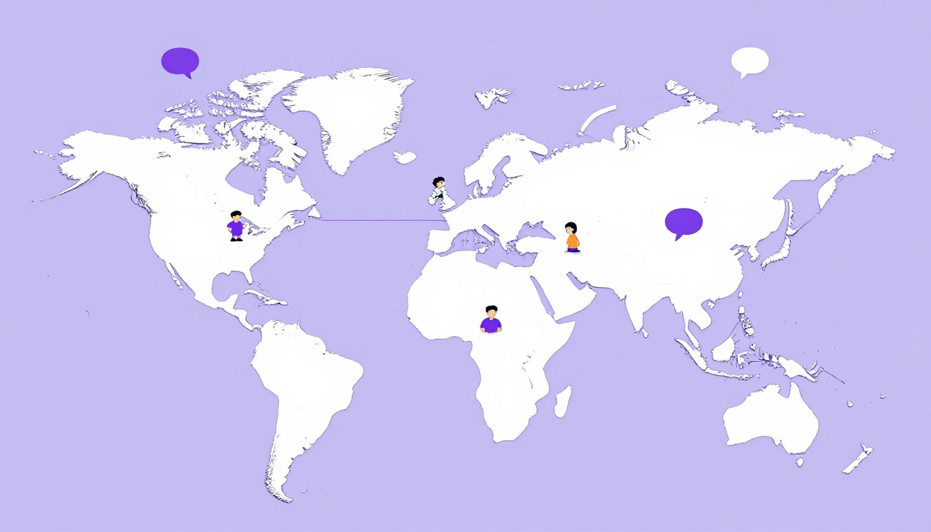 A world map with speech bubbles positioned over several Portuguese-speaking countries across different continents
