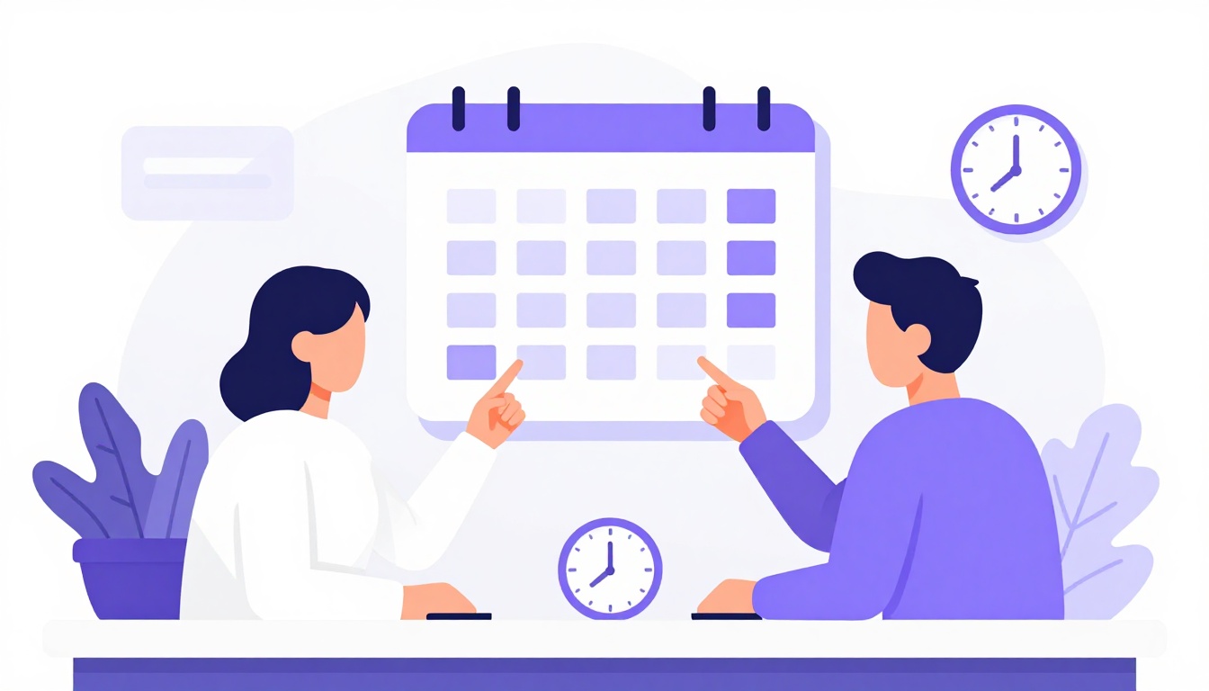 Dos compañeros de oficina señalando un calendario de pared y un reloj pequeño mientras planean una reunión