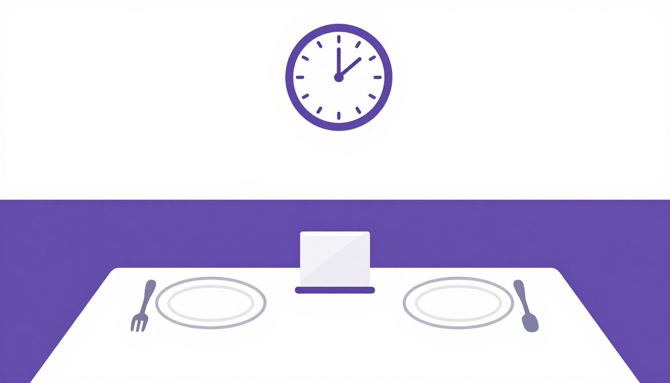 Mesa de restaurante reservada para dos personas con un reloj de pared al fondo