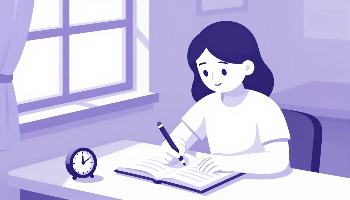 Estudiante sentado en un escritorio con un cuaderno abierto, un lápiz y un reloj pequeño