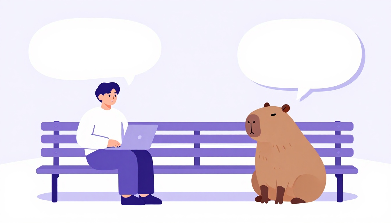 Dos amigos conversando en una banca de un parque con una capibara cerca escuchando