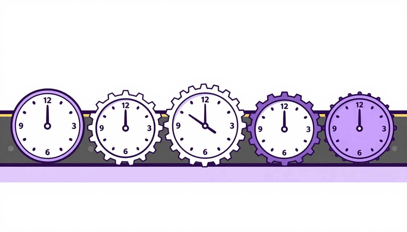 Una cinta transportadora con engranajes y relojes representando distintos tiempos verbales en fila