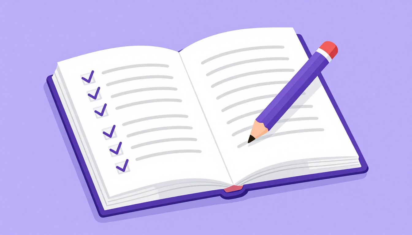 Un cuaderno abierto con un lápiz y varias marcas de verificación junto a frases de ejercicio