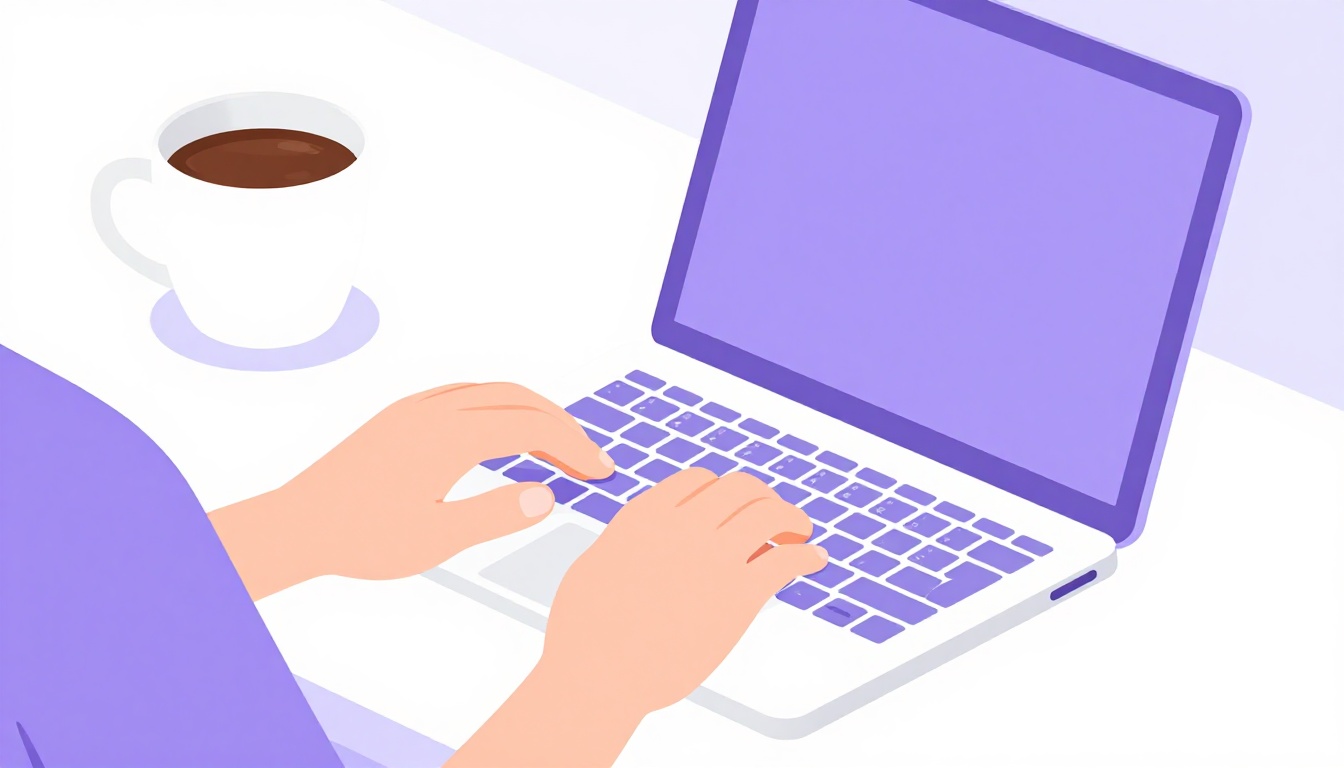 A person typing on a laptop keyboard with a coffee cup nearby, writing an email