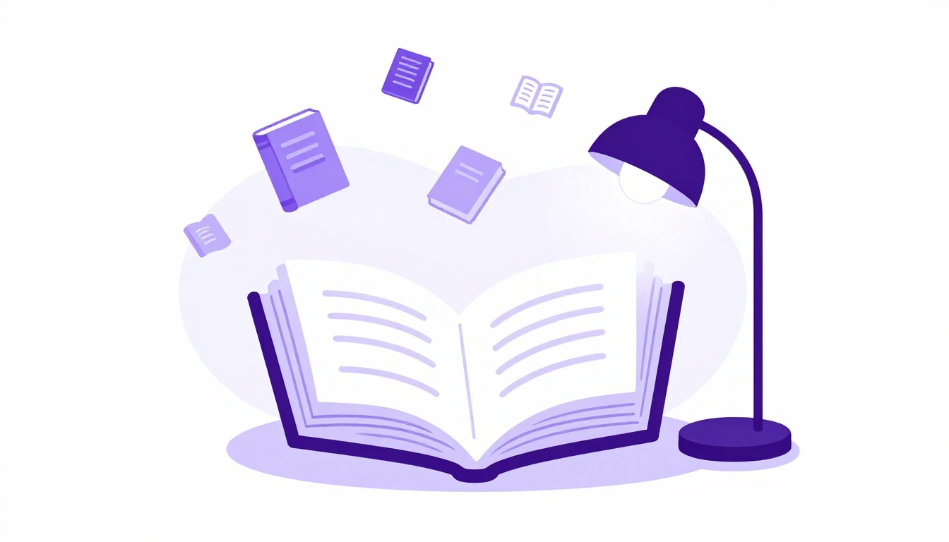 A cozy reading nook with an open book and floating book icons in purple and white tones