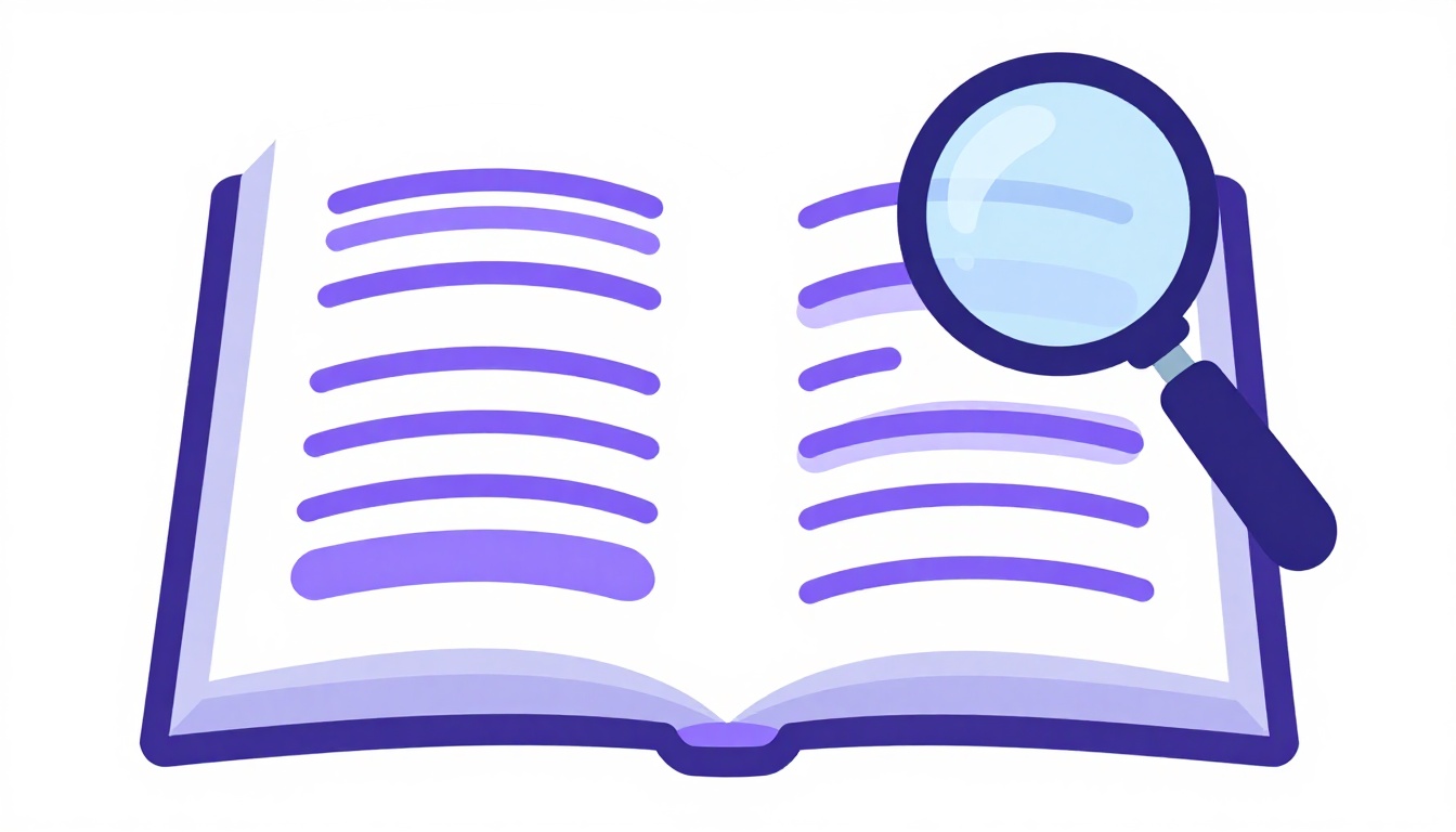 An open grammar book with highlighted rules and a magnifying glass