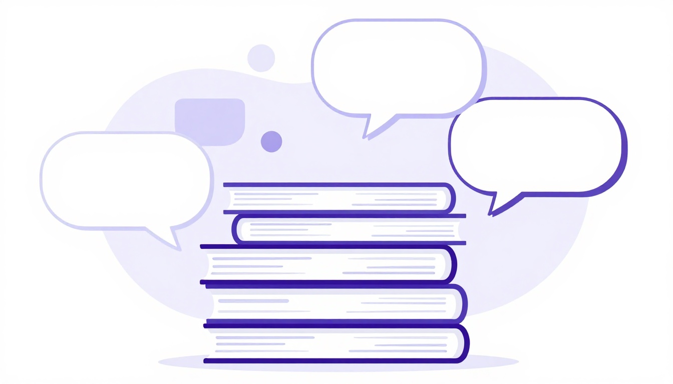A stack of books with word bubbles floating out, representing vocabulary growth