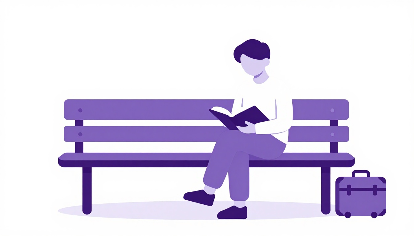 A person reading a book on a park bench next to a suitcase, representing travel and everyday English