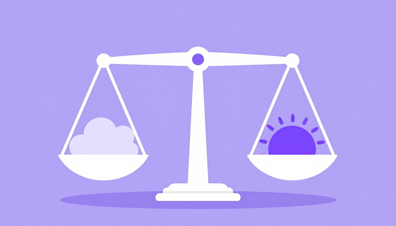 Metáfora visual de una balanza equilibrando dos lados, representando el ensayo for and against en inglés
