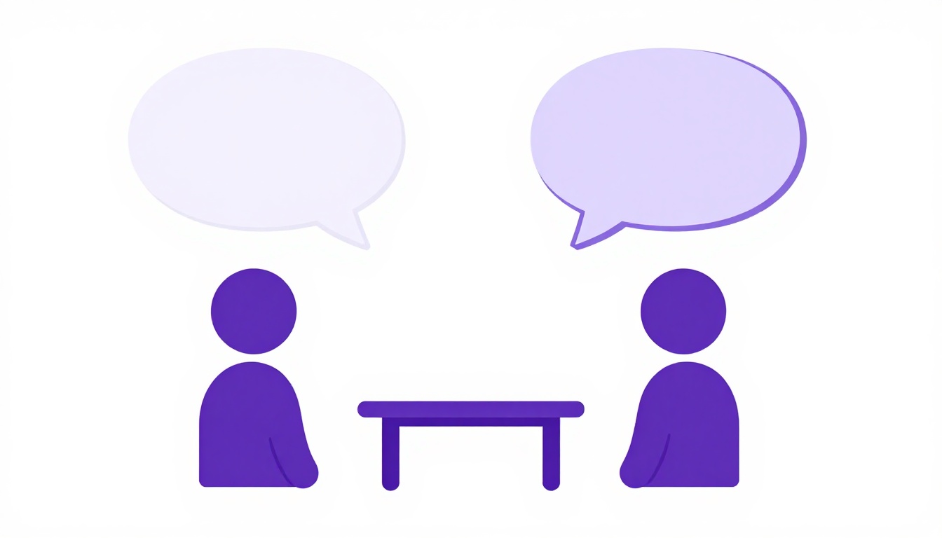Metáfora visual de dos burbujas de conversación vacías mirándose frente a frente, representando la práctica de hablar inglés en voz alta