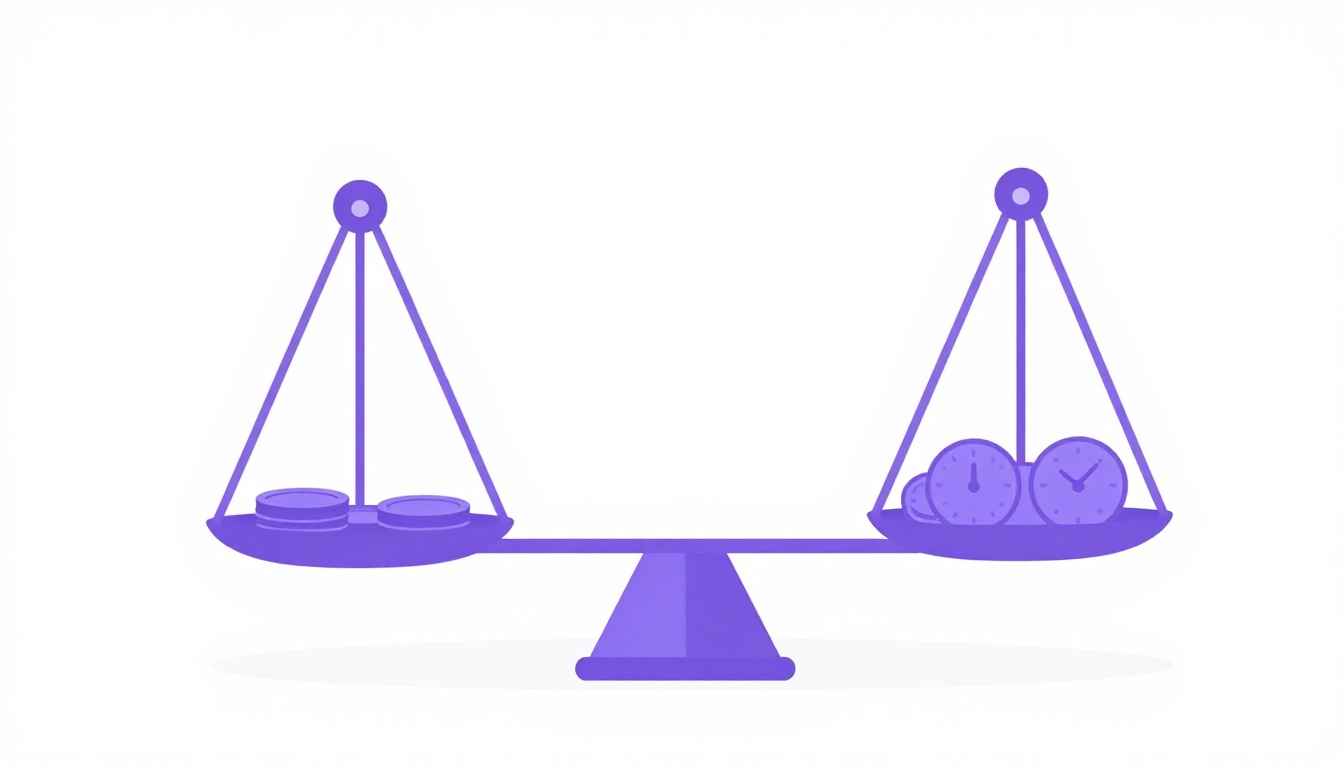 Uma balança de equilíbrio minimalista com moedas de um lado e um relógio do outro, representando negociação salarial