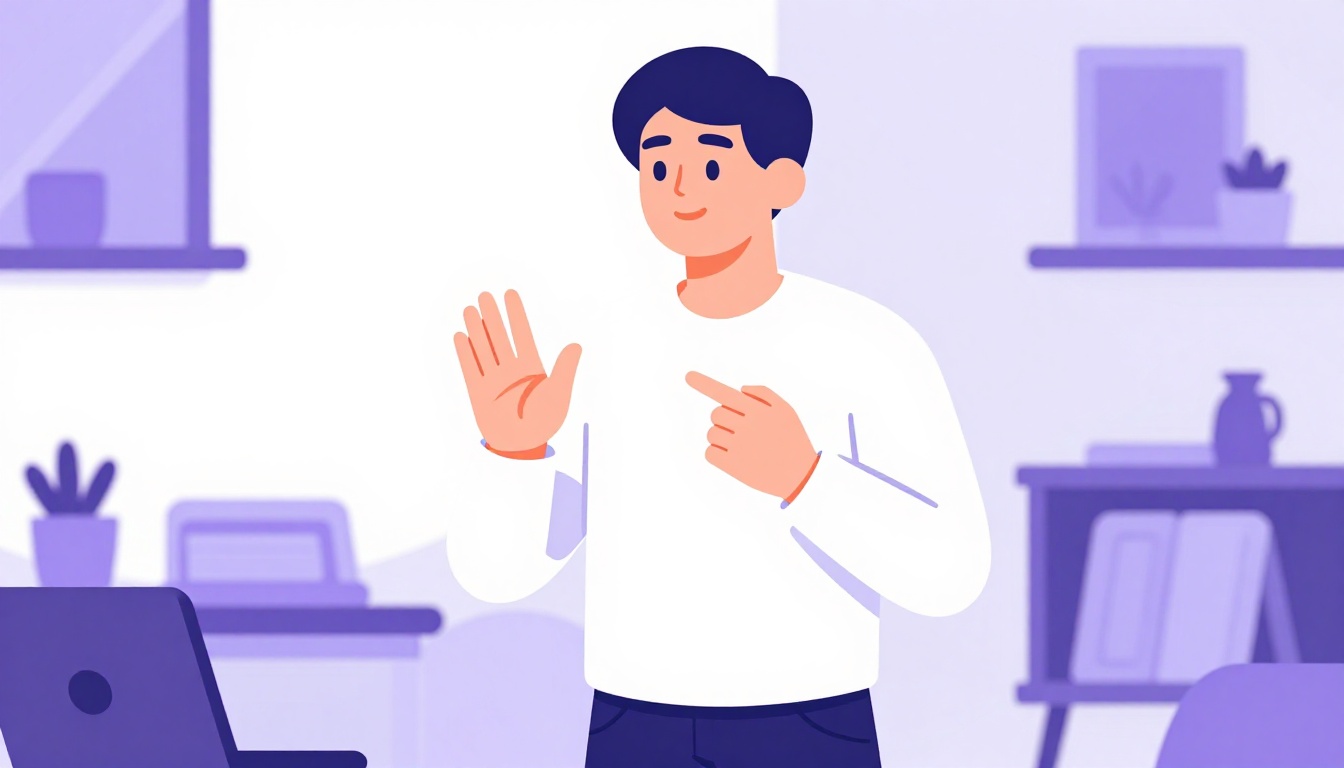 Uma pessoa em frente a um espelho em casa, praticando uma fala com as mãos em gesto de explicação, ambiente aconchegante