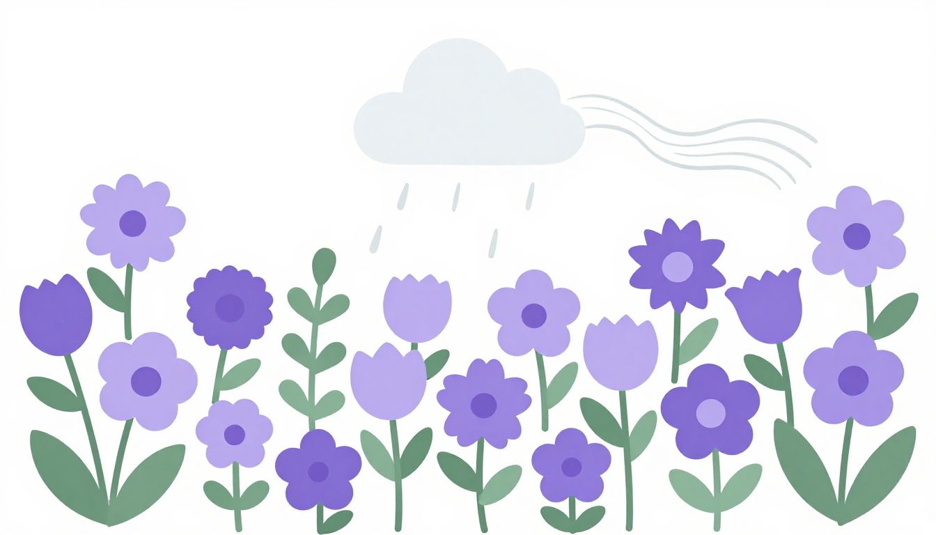 Um jardim de primavera com flores roxas desabrochando sob uma nuvem de chuva leve e vento