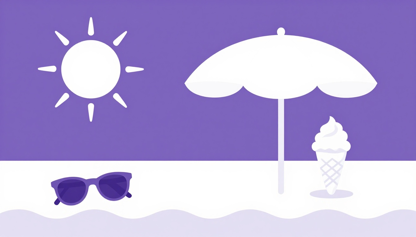 Praia de verão minimalista com sol forte, óculos escuros, guarda-sol e um sorvete