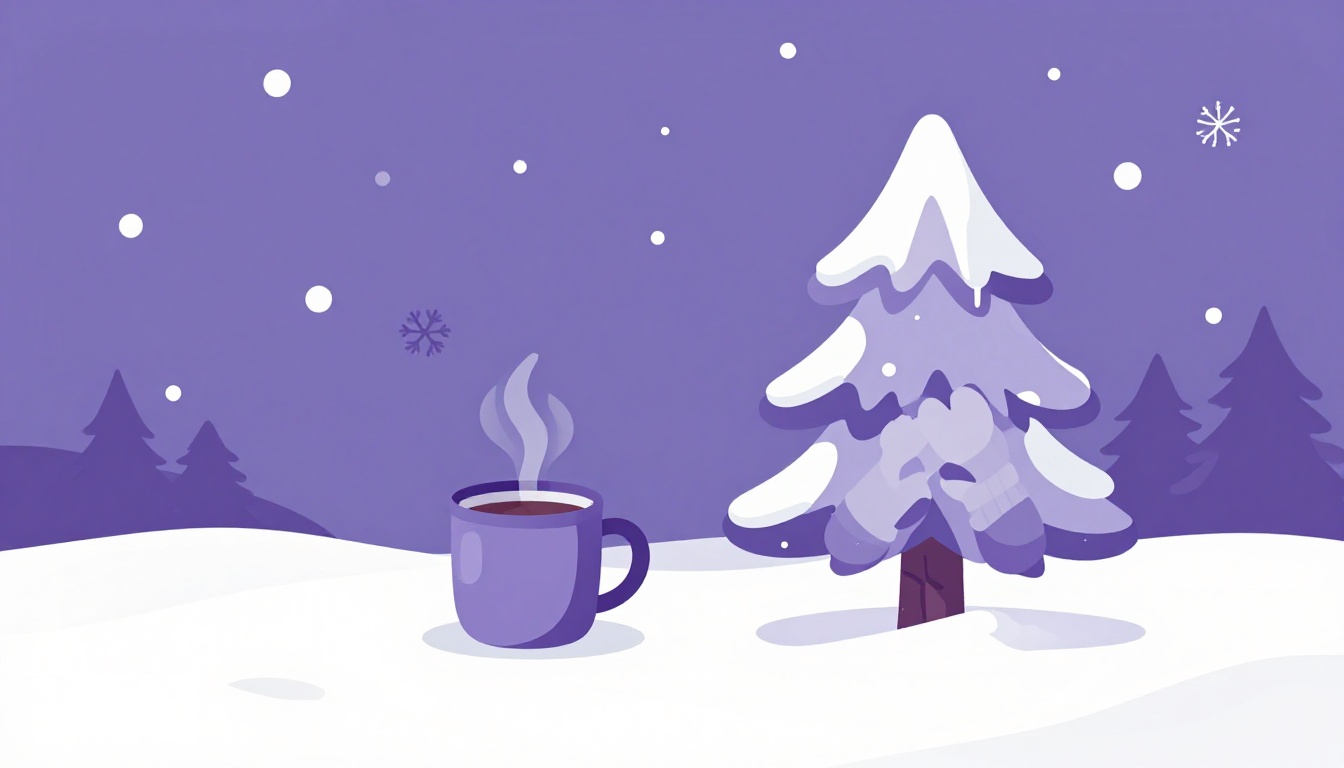 Uma cena de inverno com uma caneca quente fumegante ao lado de um pinheiro coberto de neve