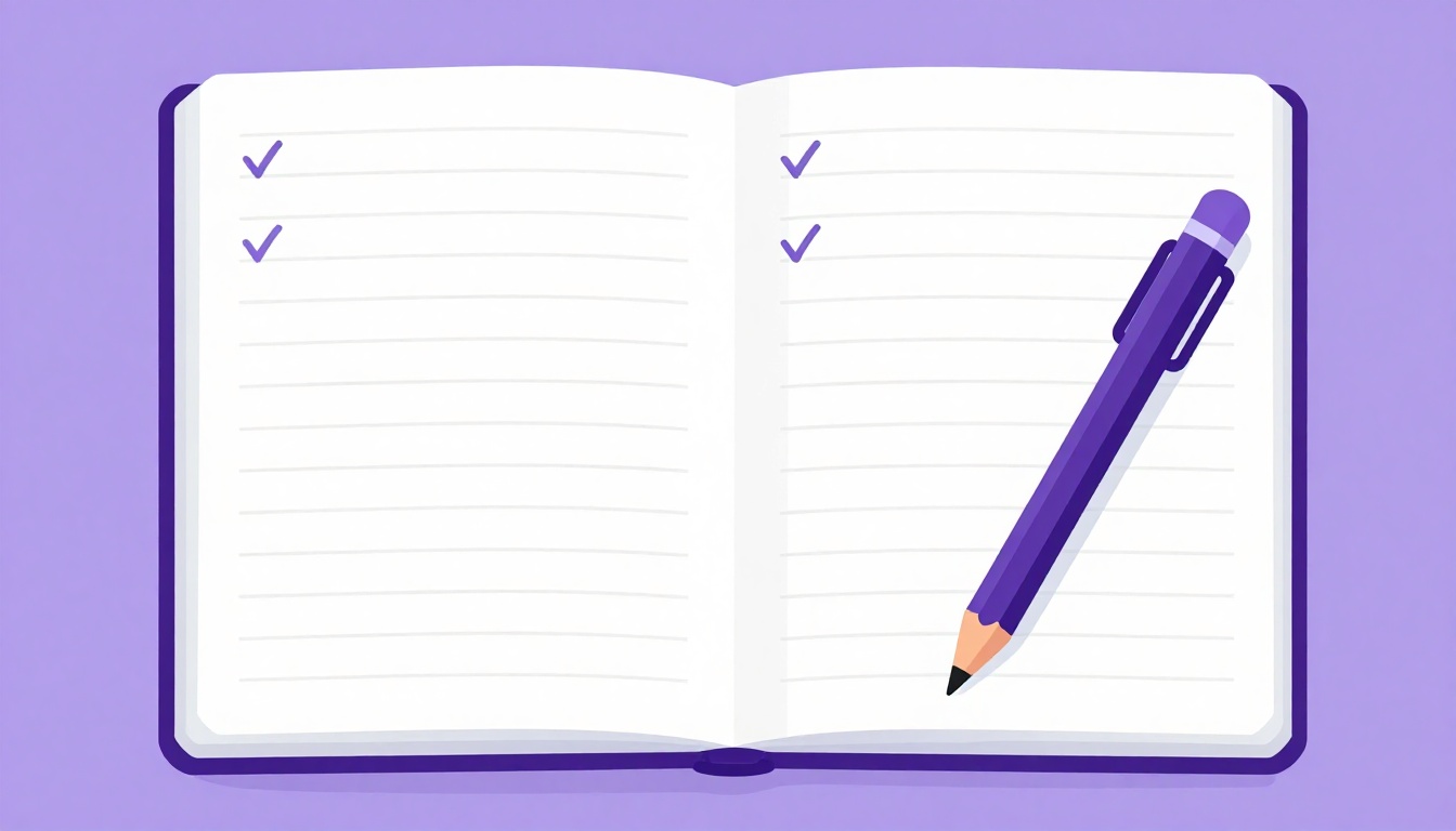 Un cuaderno abierto con frases de práctica y pequeñas marcas de verificación junto a un lápiz, representando ejercicios autocorregidos de estilo indirecto en inglés