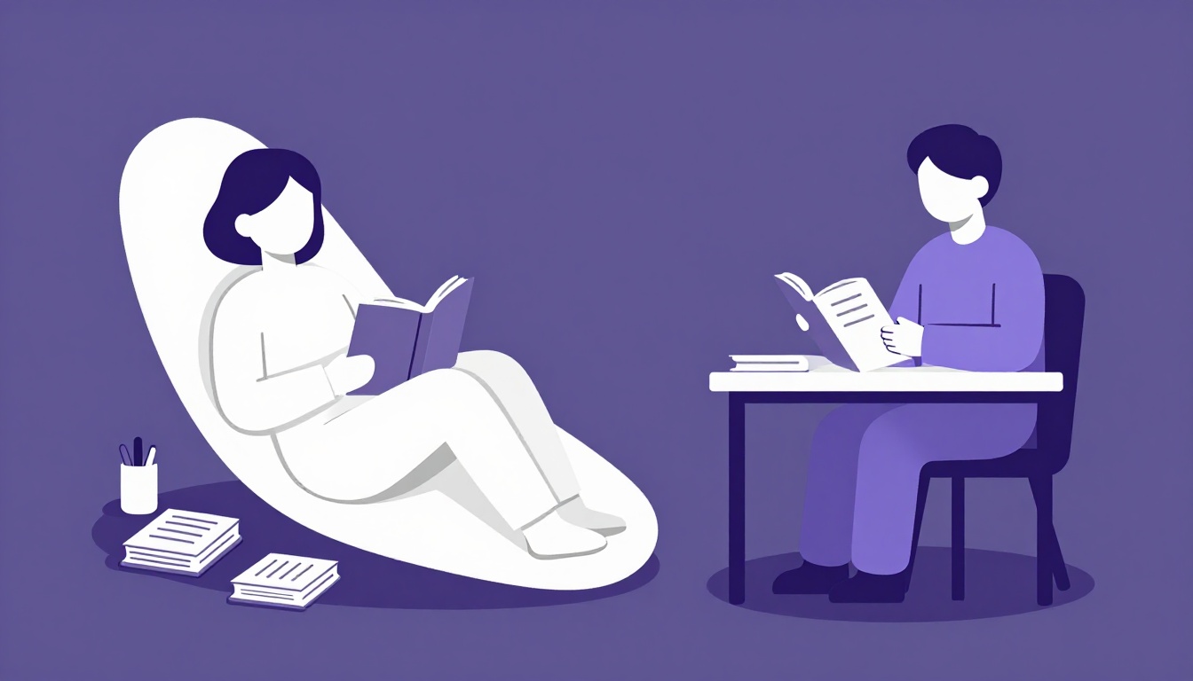 Duas cenas lado a lado: uma pessoa numa rede lendo vários livros pequenos e outra numa mesa com um livro grosso e um marcador, representando leitura extensiva e intensiva
