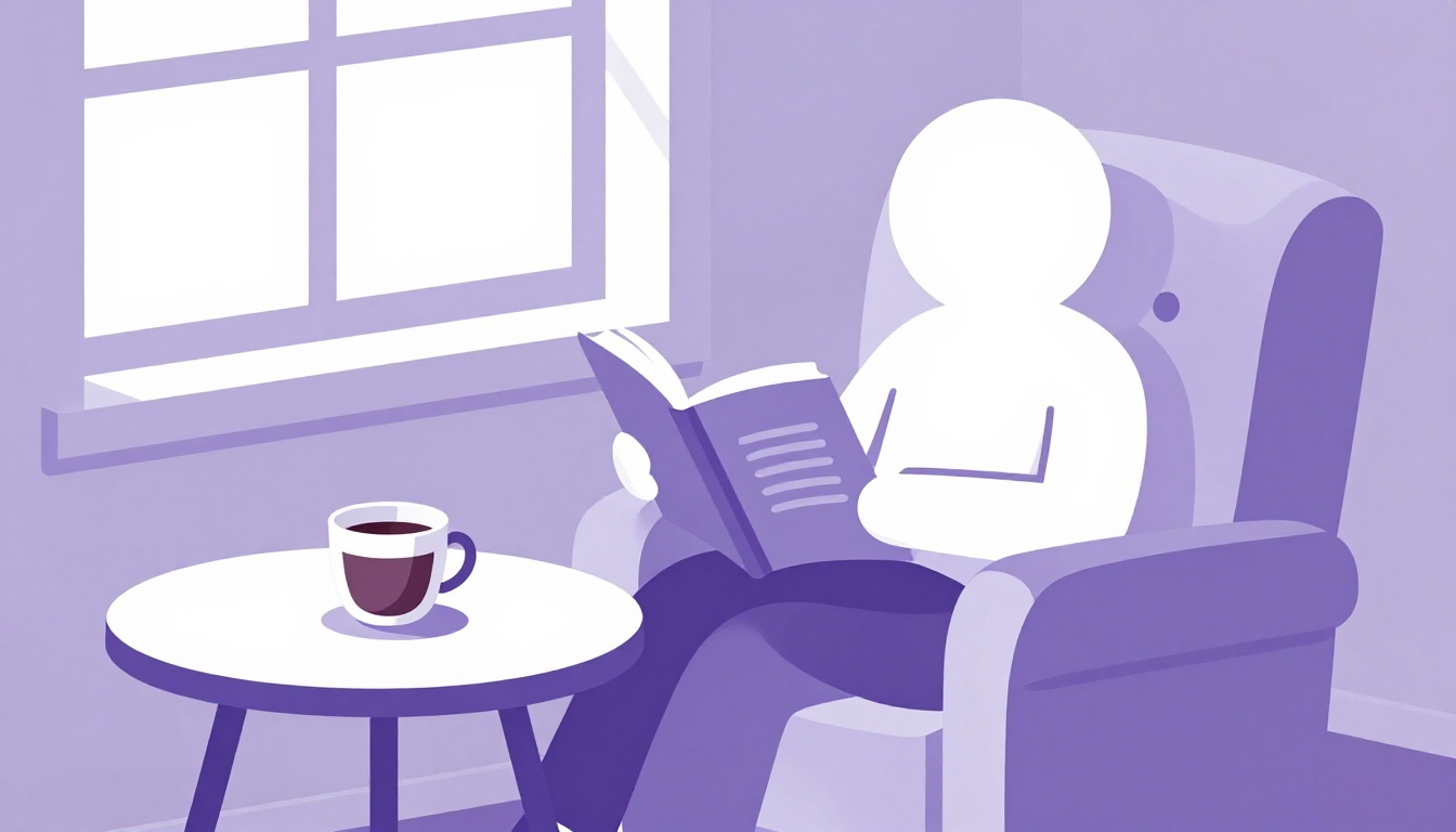 Cena aconchegante de leitura matinal com xícara de café, livro aberto e luz do sol entrando pela janela, representando o hábito diário de leitura