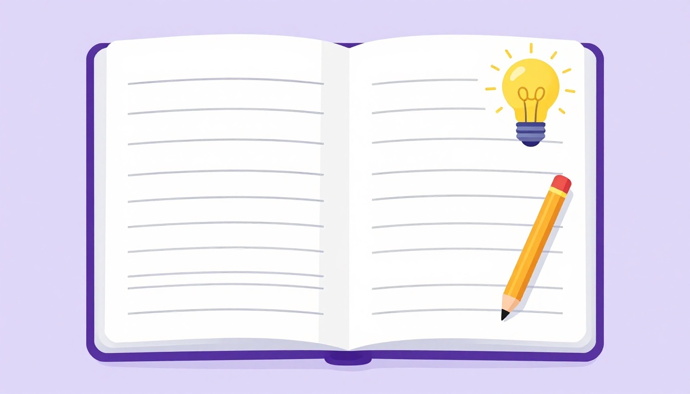 Cuaderno abierto con una bombilla y un lápiz para planificar el writing de la EvAU