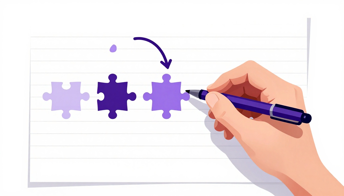 Mano sosteniendo un bolígrafo escribiendo sobre un papel con flechas y piezas de puzzle flotando encima representando los conectores